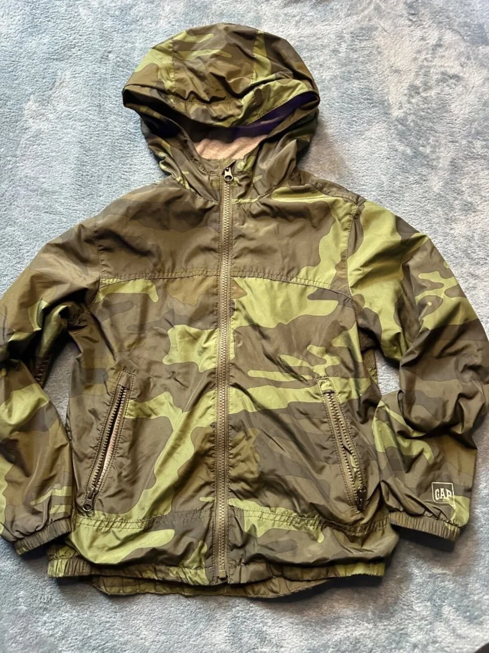 Gap Kids Camo Army Hooded Rain Jacket Windbreaker Medium Green Zip Lightweight